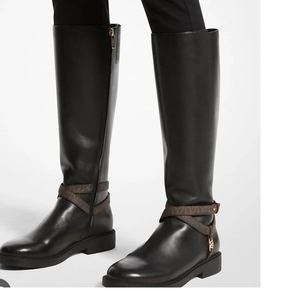 Michael Kors Mandy Knee High Boot Womens 7.5 Black Faux Leather Logo Harness New